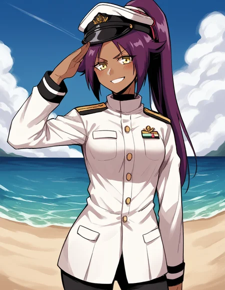 score_9, score_8_up, score_7_up, source_anime, <lora:yoruichi-shihouin-ponyxl-lora-nochekaiser:1> yoruichi shihouin, long hair, yellow eyes, ponytail, purple hair, dark skin, dark-skinned female, medium breasts, <lora:kancolle-admiral-cosplay-ponyxl-lora-nochekaiser:1>, kancolle admiral cosplay, admiral (kancolle) (cosplay), naval uniform, cosplay, military uniform, military, peaked cap,, beach, salute, blush, smile, cowboy shot, looking at viewer,