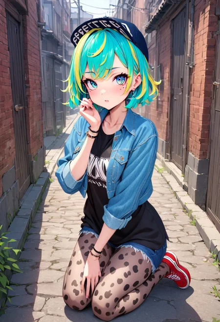 absurdres, masterpiece, perfecteyes,
1girl, bracelet, jewelry, mole under eye, plaid, (multicolored hair1,4), (cyan hair1,4), yellow hair, short height, denim jacket, short torso, print legwear, thin, red shoes,
backstreet, cowboy shot, seiza,