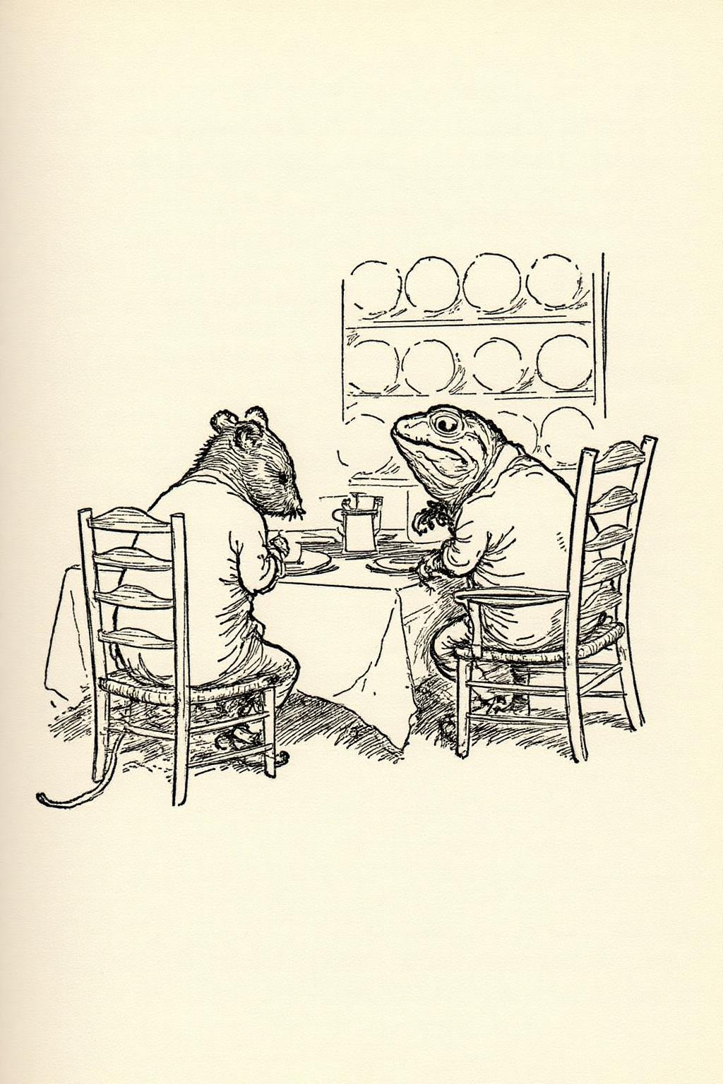 ehshep1 sketch.
The scene depicts two anthropomorphic animals, a rat and a toad, seated at a table in what appears to be a quaint, rustic dining area. On the left we see the back view of the rat, on the left, is sitting on a wooden chair with a slatted back and seat. On the right the toad is show in side profile, turning his head to look at the rat. <lora:ehshep2_cap_d6a3e12:1.0><lora:825898971235885168:0>