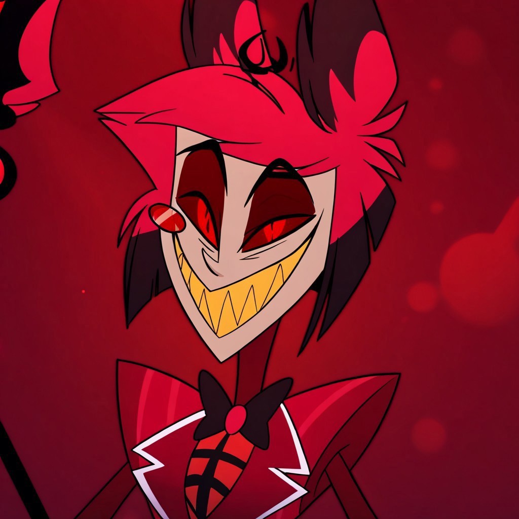 masterpiece, best quality, newest, absurdres, highres, HHp4ck-Style-V1.0, official style, 1boy, HHOVP-AL-V1.0, deer eyars, animal ears, red-tinted eyewear, demon boy, smile, yellow teeth, sharp teeth, monocle, red eyes, colored sclera, red sclera, grey skin, grey colored skin, bowtie, 
