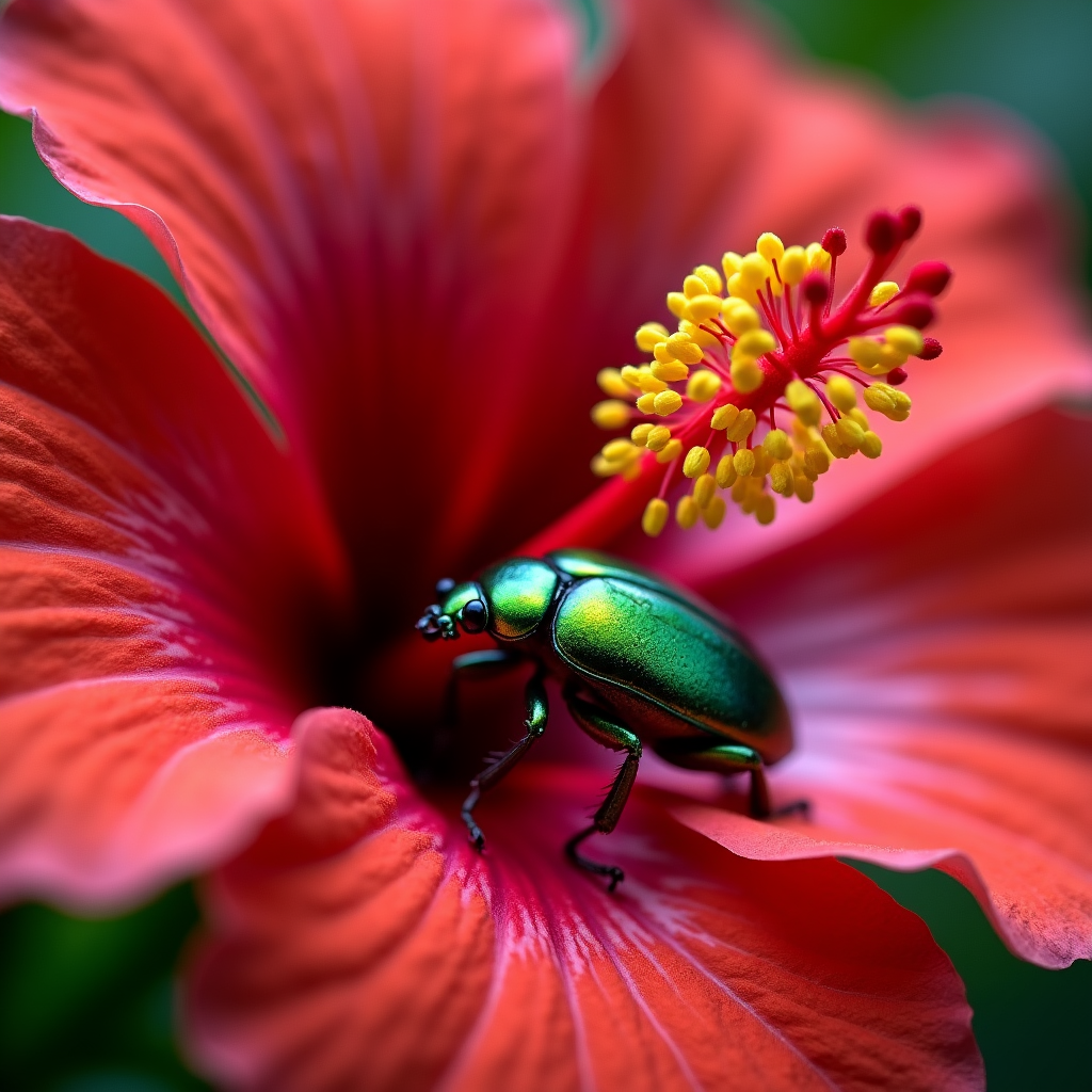 Professional macro photography of a red hibiscus flower.  The image is extremely detailed.  A small emerald beetle is resting on the flower, in daytime spring in garden. Professional lighting and color grading for a clean sharp film look. Extreme details like in a professional macro photography.