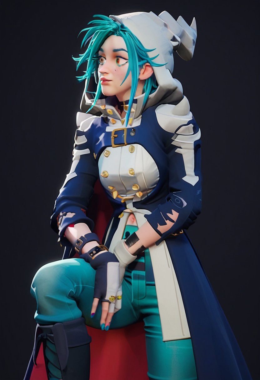 Score_10, Score_9, Score_8_up, Score_7_up, Score_6_up, 1girl, solo,
x1ndr1el,
yellow eyes, blue hair, nail polish, short hair, navel,
white gloves, fingerless gloves, hat, hood, white headwear, boots, blue pants, knee boots, black footwear, belt, coat, choker, buttons,