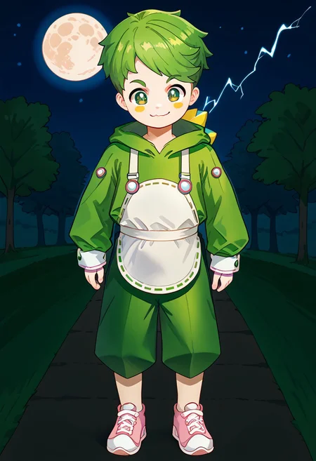 score_9, score_8_up, score_7_up, highly detailed, CuteCartoonStyle, cute boy, 1boy, solo,  AwanoPB, 1boy, green hair, green iris, brown pupils, yellow blush, white suspenders, white round belly apron, short-sleeved green hoodie with white accents, long fingerless pink arm warmers, green pants, pink sneakers, white outsoles, <lora:AwanoPB:1>, at night, full moon, running, electricity, motion blur, green electricity, smug smile, green eyes, glowing eyes,
DSCStyle, round eyes, exaggerated proportions, cartoonish features, anime-inspired, cute aesthetics, cartoonish proportions, stylized anatomy, soft shading, warm color palette, semi-flat coloring, vibrant tones, warm and inviting tones, playful expressions, expressive poses, minimal texture, polished finish, whimsical atmosphere, smooth lines, glossy highlights, minimal detail, clean outlines, consistent line weight, gentle highlights,