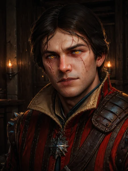 score_9, score_8_up, score_7_up, source_anime, highly detailed, tw3eskel, 1boy, male focus, solo, dark hair, middle part hair, light skin, scar, blood, yellow eyes, vertical slit pupils, brown and red striped spiked gambeson, yellow collar, <lora:Eskel_-_The_Witcher_Pony:0.85> <lora:Pony_DetailV2.0:1.65>