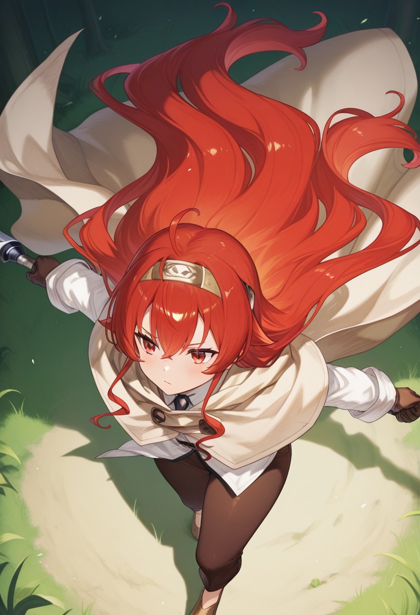 (masterpiece, best quality, highres, very aesthetic, very awa),
1 girl, erismt, ahoge, red hair, very long hair, red eyes, hairband, cloak, white cloak, white shirt, shirt, long sleeves,  brown gloves, brown pants, brown shoes, from above