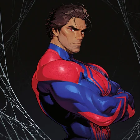 masterpiece, best quality, absurdres, newest, perfect quality, best quality, absolutely eye-catching, detailed background, intricate details, bara, 1boy, male, male focus, solo, mature, tan skin, red eyes, dark brown hair, forehead, five o'clock shadow, stubble, bodysuit, blue bodysuit, blue-and-red bodysuit, red details, spider design, broad shoulders, bara, muscular, large pectorals, large biceps, small waist, upper body, looking at viewer, side view, serious expression, arms crossed, black background, very awa, best quality, absurdres, newest, perfect quality, detailed background, intricate details, (artist:rokudenashi:0.8), (artist:dizdoodz:0.7), (artist:gomtang:0.6)