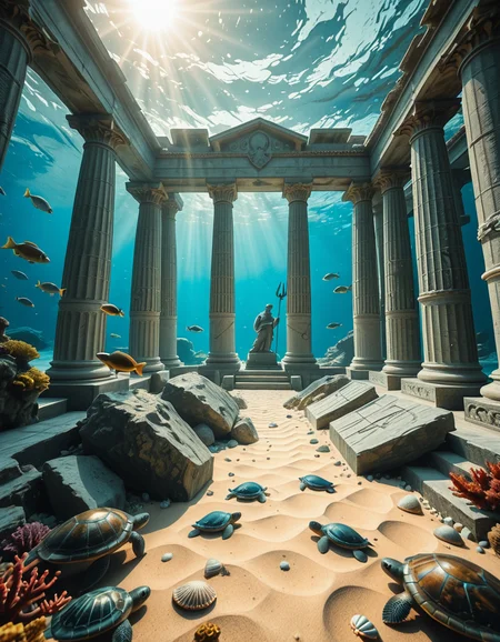 An ancient underwater Temple of Poseidon, partially buried in sand and coral at the bottom of the Aegean Sea. Massive marble columns, some broken, others still standing, encrusted with seashells and marine life. Soft sunlight filtering through the ocean surface above, casting shimmering rays over the temple ruins. Colorful fish and sea turtles swimming peacefully around. The atmosphere is mystical and serene, with a bluish-green hue dominating the scene. A statue of Poseidon with a trident stands at the center of the temple, covered in algae and marine growth. Realistic style, high detail, cinematic lighting, wide-angle view.
<lora:SDXLFaeTastic2400:0.4> <lora:extremely_detailed:0.4> extremely detailed,underwater Temple of P0s31d0n, <lora:underwater_Temple_of_P0s31d0n-i:1>, Masterpiece,best quality,hi res,8k,hi res,8k,award winning,(sharp focus, intricate, highly detailed),