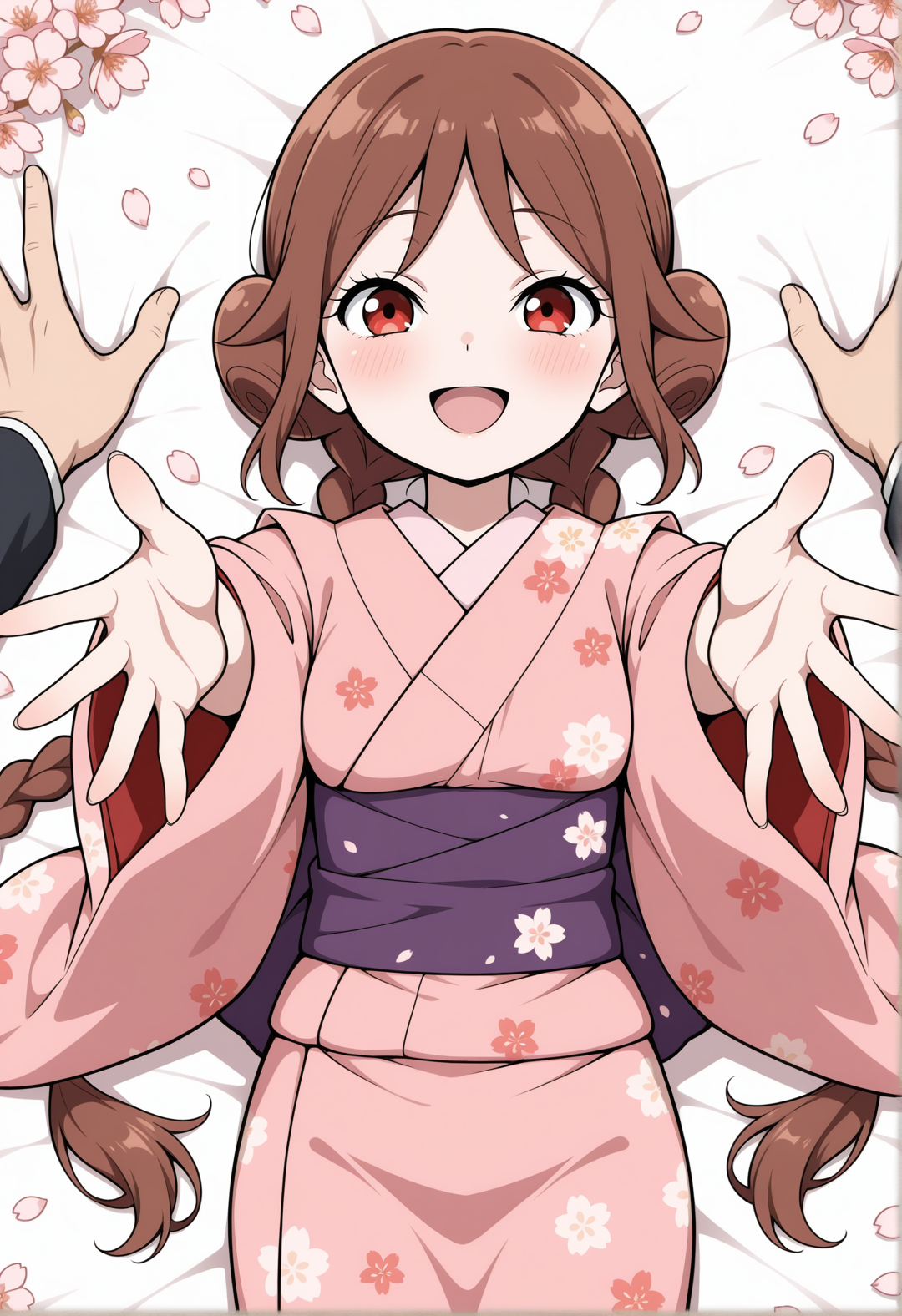 masterpiece,best quality,amazing quality, anime coloring, flat colors,
<lora:NoobV065sHyperDmd:.5>,
 <lora:tachibana_yuzuki_meipaws:.9> 1girl, japanese clothes, brown hair, floral print, pink kimono, smile, blush, 1boy, falling petals, on back, open mouth, purple sash, (((pattern))), lying, print kimono, reaching towards viewer, cherry blossoms, solo focus, long hair, looking at viewer, twin braids, :d, red eyes, wide sleeves, outstretched arms, outstretched hand, low twin braids, double bun, hair bun