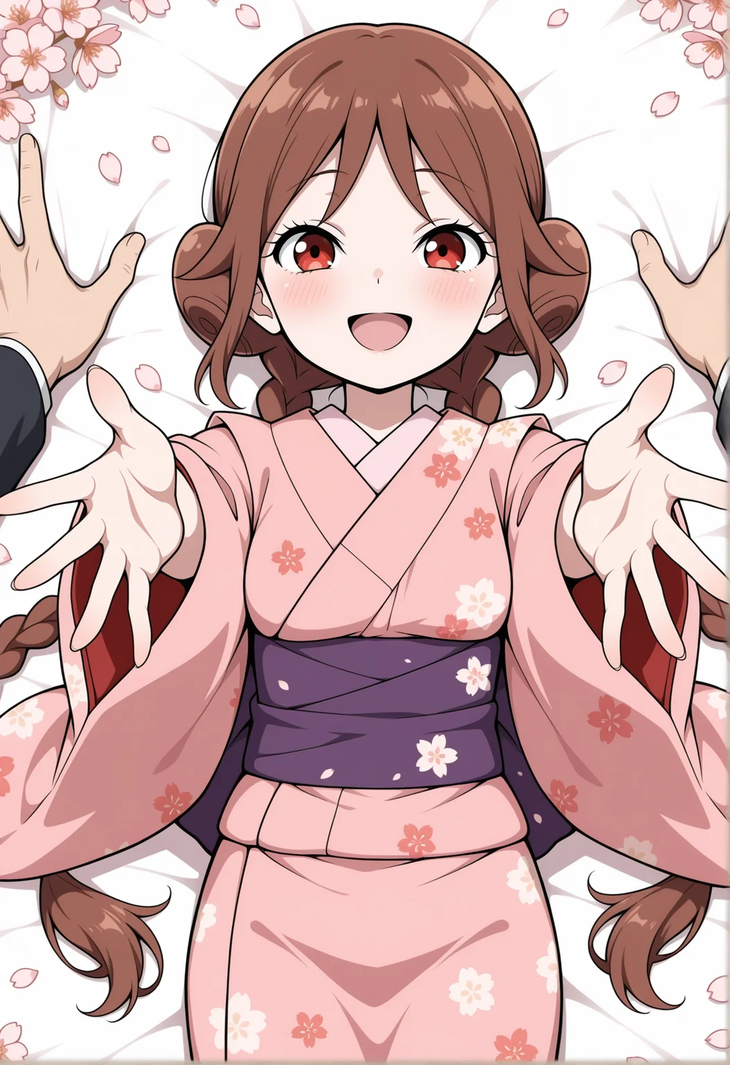masterpiece,best quality,amazing quality, anime coloring, flat colors,
<lora:NoobV065sHyperDmd:.5>,
 <lora:tachibana_yuzuki_meipaws:.9> 1girl, japanese clothes, brown hair, floral print, pink kimono, smile, blush, 1boy, falling petals, on back, open mouth, purple sash, (((pattern))), lying, print kimono, reaching towards viewer, cherry blossoms, solo focus, long hair, looking at viewer, twin braids, :d, red eyes, wide sleeves, outstretched arms, outstretched hand, low twin braids, double bun, hair bun