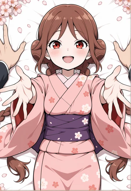 masterpiece,best quality,amazing quality, anime coloring, flat colors,
<lora:NoobV065sHyperDmd:.5>,
<lora:tachibana_yuzuki_meipaws:.9> 1girl, japanese clothes, brown hair, floral print, pink kimono, smile, blush, 1boy, falling petals, on back, open mouth, purple sash, (((pattern))), lying, print kimono, reaching towards viewer, cherry blossoms, solo focus, long hair, looking at viewer, twin braids, :d, red eyes, wide sleeves, outstretched arms, outstretched hand, low twin braids, double bun, hair bun