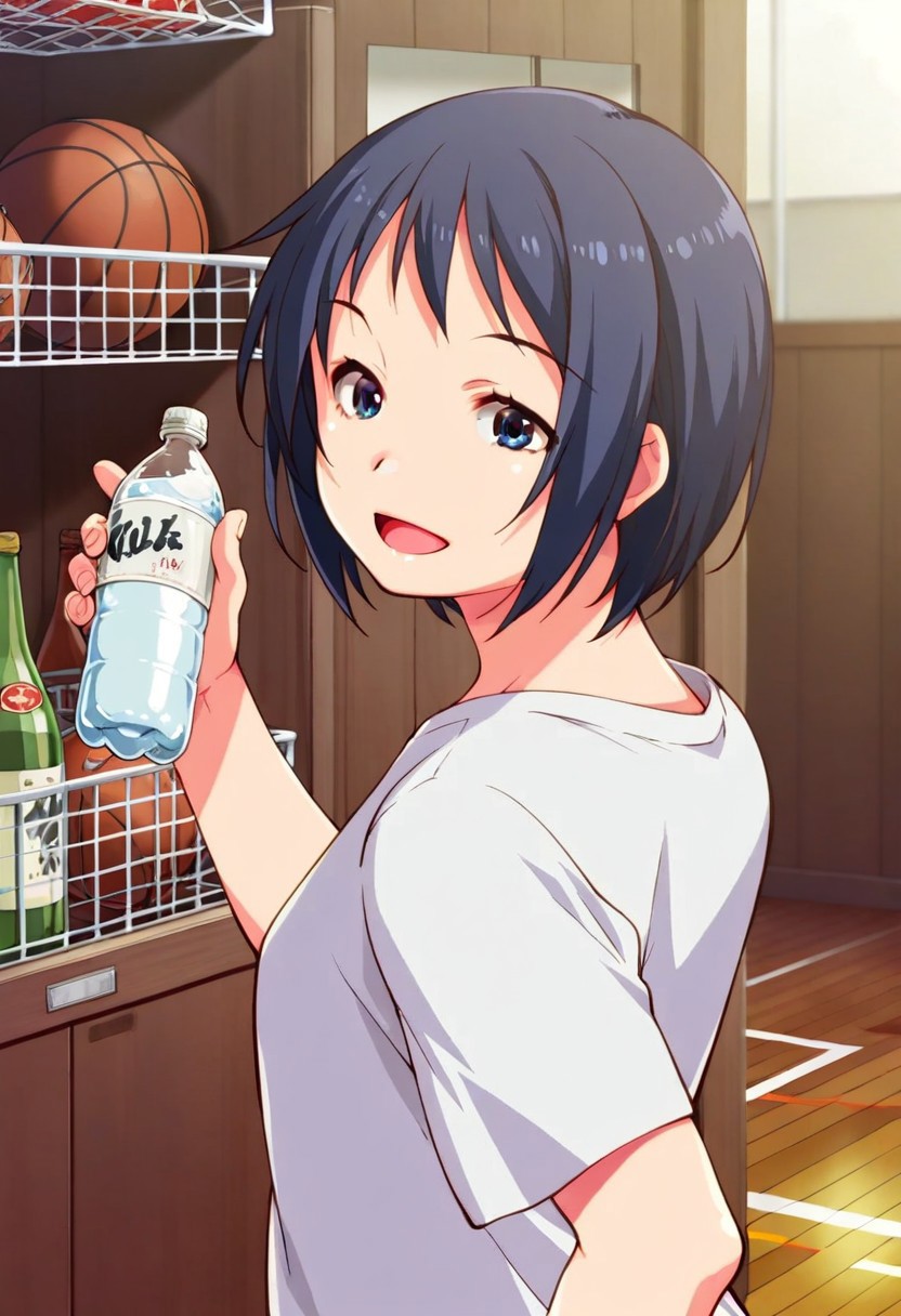 masterpiece,best quality,amazing quality,sanjo keiko, short hair, dark blue hair, blue eyes, 1girl, solo, basketball, shirt, bottle, t-shirt, open mouth, smile, looking back