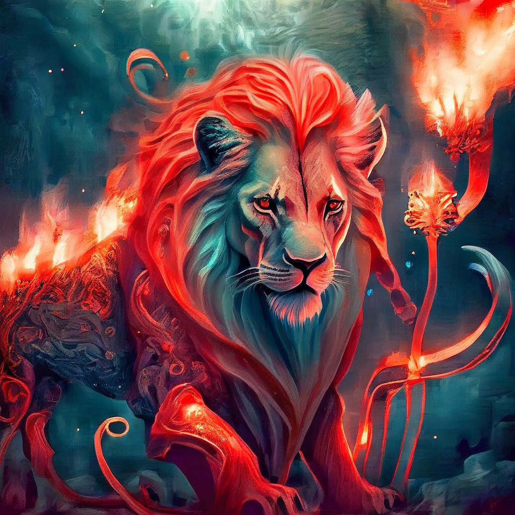 lion, deep sea, fantasy animal, fire and blood<lora:last:1>