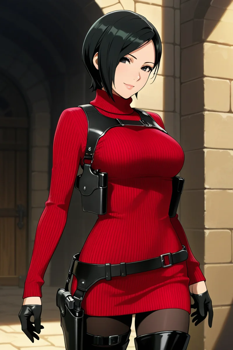 <lora:ada_wong_re_illus:0.7> ada wong, black hair, short hair, black eyes, large breasts, red sweater, turtleneck, chest harness, pantyhose, black gloves, half gloves, black belt, pistol holster, 1girl, solo, looking at viewer, smile, thighhighs, jewelry, standing, weapon, boots, belt, black footwear, lips, gun, thigh boots, bob cut, high heel boots, sweater dress, thigh holster, shoulder holster, black thighhighs, anime coloring, pistol holster on belt, medieval cities, more detail, cowboy shot,