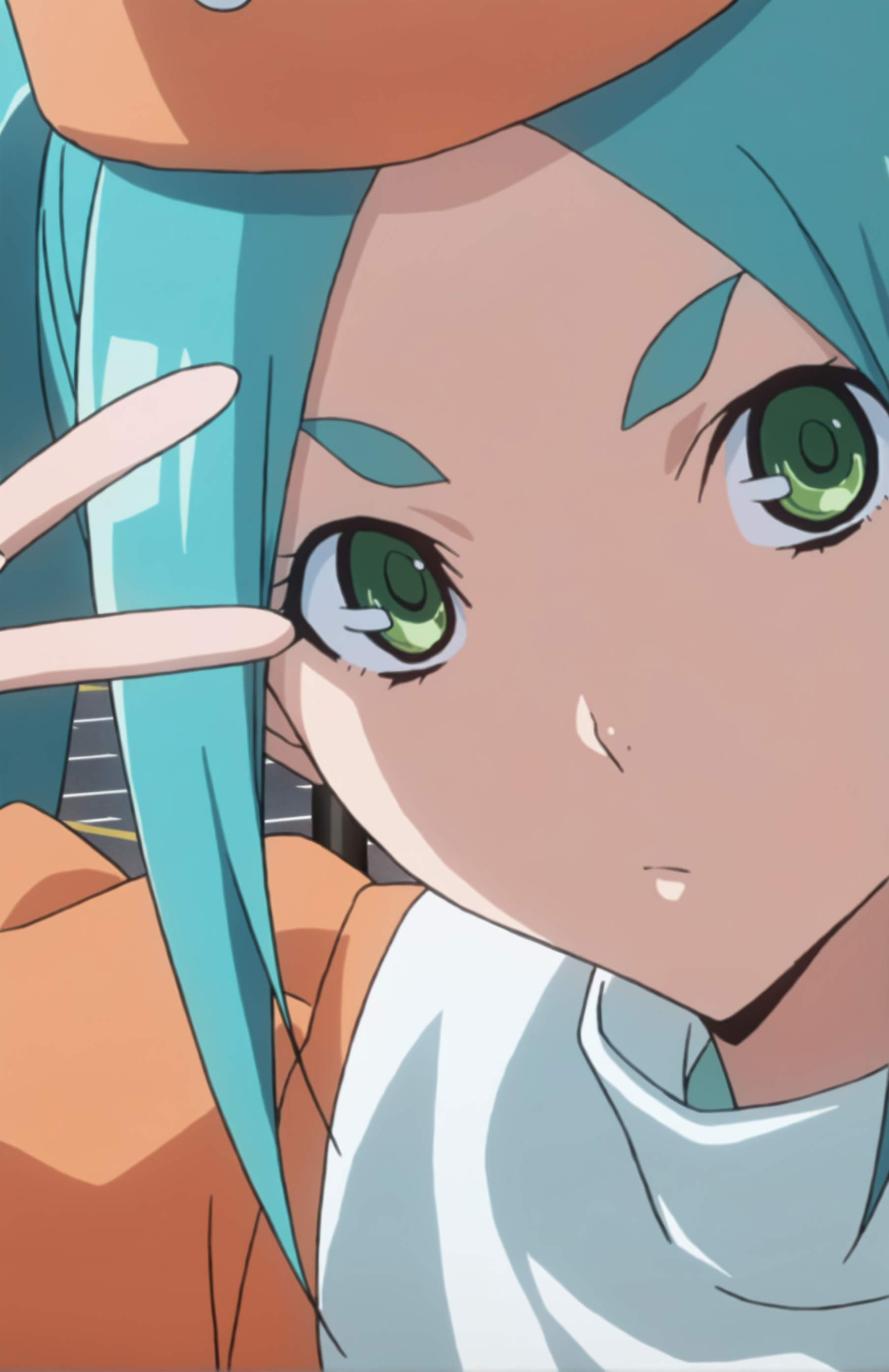 BakumanStyle, OnonokiYotsugi. 1girl, aqua hair, twintails, green eyes, orange hat, orange dress, short sleeves, street, face focus, (V), portrait, front view, posing

