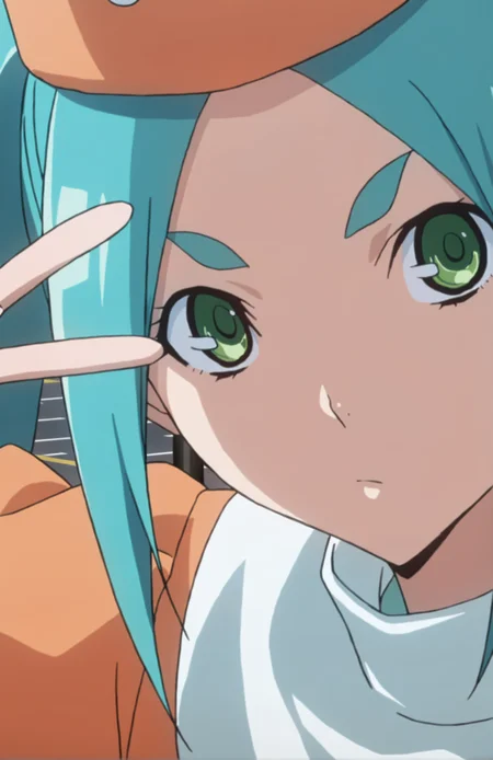 BakumanStyle, OnonokiYotsugi. 1girl, aqua hair, twintails, green eyes, orange hat, orange dress, short sleeves, street, face focus, (V), portrait, front view, posing