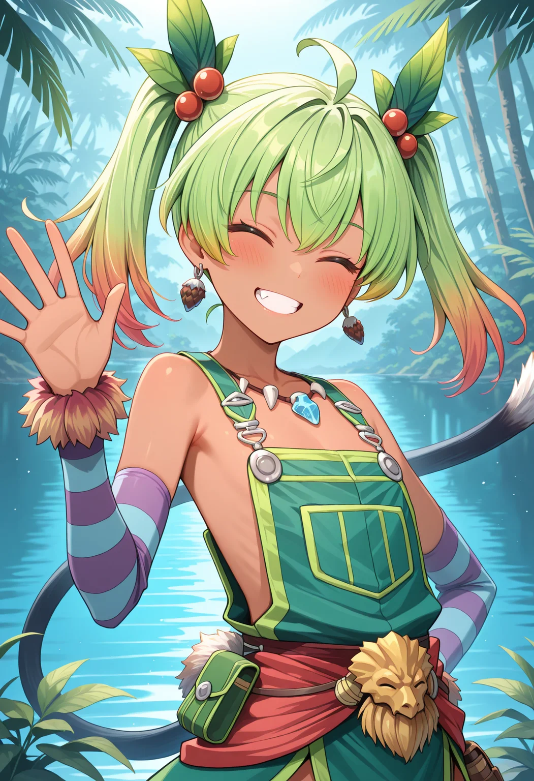 highres, best quality, masterpiece, jungle, lake,
1girl, solo, ys8rico, green hair, gradient hair, twintails, dark-skinned female, leaf hair ornament, hair bobbles, ahoge, earrings, flat chest, fang,
riys8def, green overalls, overall skirt, bare shoulders, jewelry, tooth necklace, detached sleeves, striped sleeves, arm warmers, red clothes around waist, pouch, tail,
looking at viewer, blush, smile, closed eyes, teeth,
upper body, waving,
<lora:_ricotta_ys8-elesico-ilxl:1>