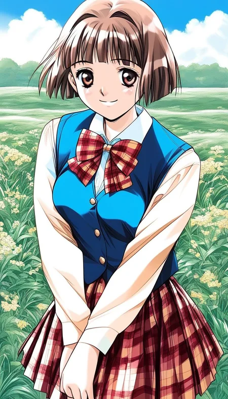 score_9, score_8_up, score_7_up, source_anime, rating_explicit, BREAK <lora:Tsuzuki_Kozue_XL:1>Tsuzuki_Kozue, brown hair, short hair, brown eyes, blunt bangs, medium breasts,
1girl, solo, skirt, plaid, long sleeves, 1990s (style), smile, plaid skirt, bow, 
school uniform, blue vest, looking at viewer, long sleeve, Yellow sleeve,
pleated skirt,  bowtie, shirt, red skirt, v arms,
 plaid bow, bob cut, plaid bowtie, cowboy shot,
grass, sky,