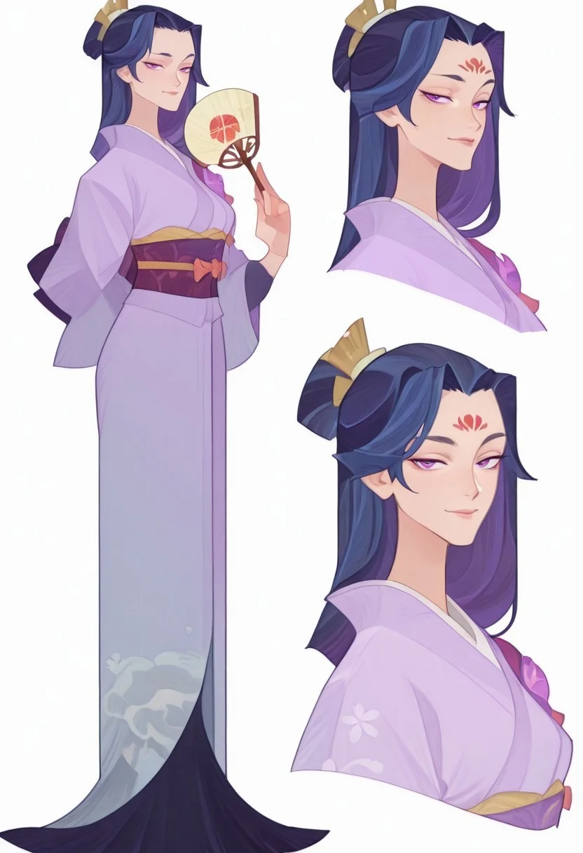 mature woman, japanese style, kimono, long hair, dark blue hair, purple eyes, arrogant look, fan in the right hand, concept of Japanese mythology, concept, girl, reference, in full growth