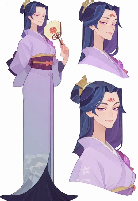 mature woman, japanese style, kimono, long hair, dark blue hair, purple eyes, arrogant look, fan in the right hand, concept of Japanese mythology, concept, girl, reference, in full growth