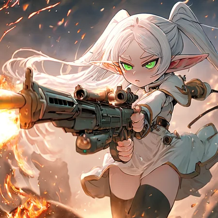 anime style, cinematic, (detailed), (highly detailed), HD, 8k, 4k,  a fullbody photo of a elf girl firing machine gun, solo,<lora:frieren-000006:1> frieren, long_hair, pointy_ears, elf, bangs, earrings, jewelry, twintails, green_eyes, white_hair, white dress