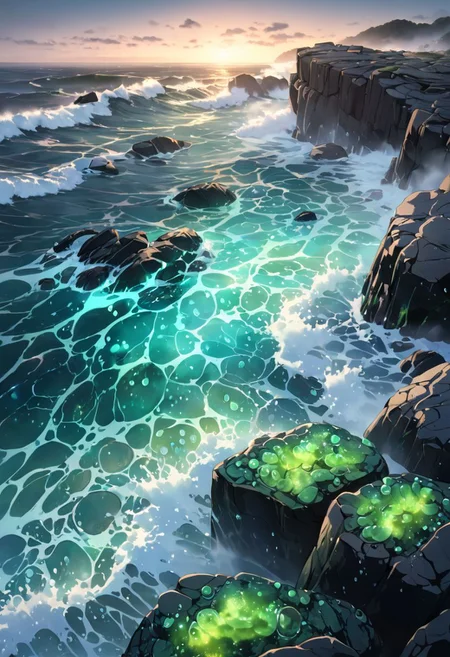beautiful scene of the ocean, crashing waves on rocks, foggy morning, water droplets visable, bioluminescent algae