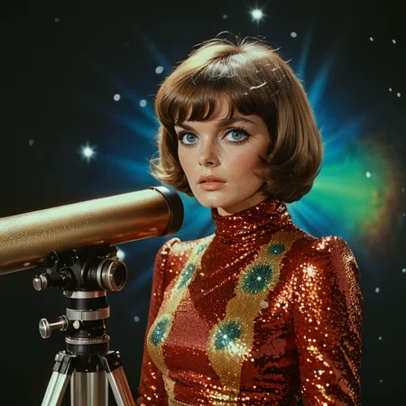 <lora:60s_Psychedelic_MovieSDXL:1> ArsMovieStill, movie still from a 60s psychedelic movie, The image is a portrait of a young woman holding a large telescope. She is wearing a red and gold sequin dress with a high neckline and long sleeves. Her hair is styled in a short bob with bangs and she is looking directly at the camera with a serious expression. The background is dark with a blue and green gradient and there are white stars scattered throughout. The telescope is mounted on a tripod and has a large lens on the right side. The overall mood of the image is dramatic and glamorous., 1girl, solo, short hair, brown hair, bob cut, realistic, lips, blue eyes, microphone, upper body