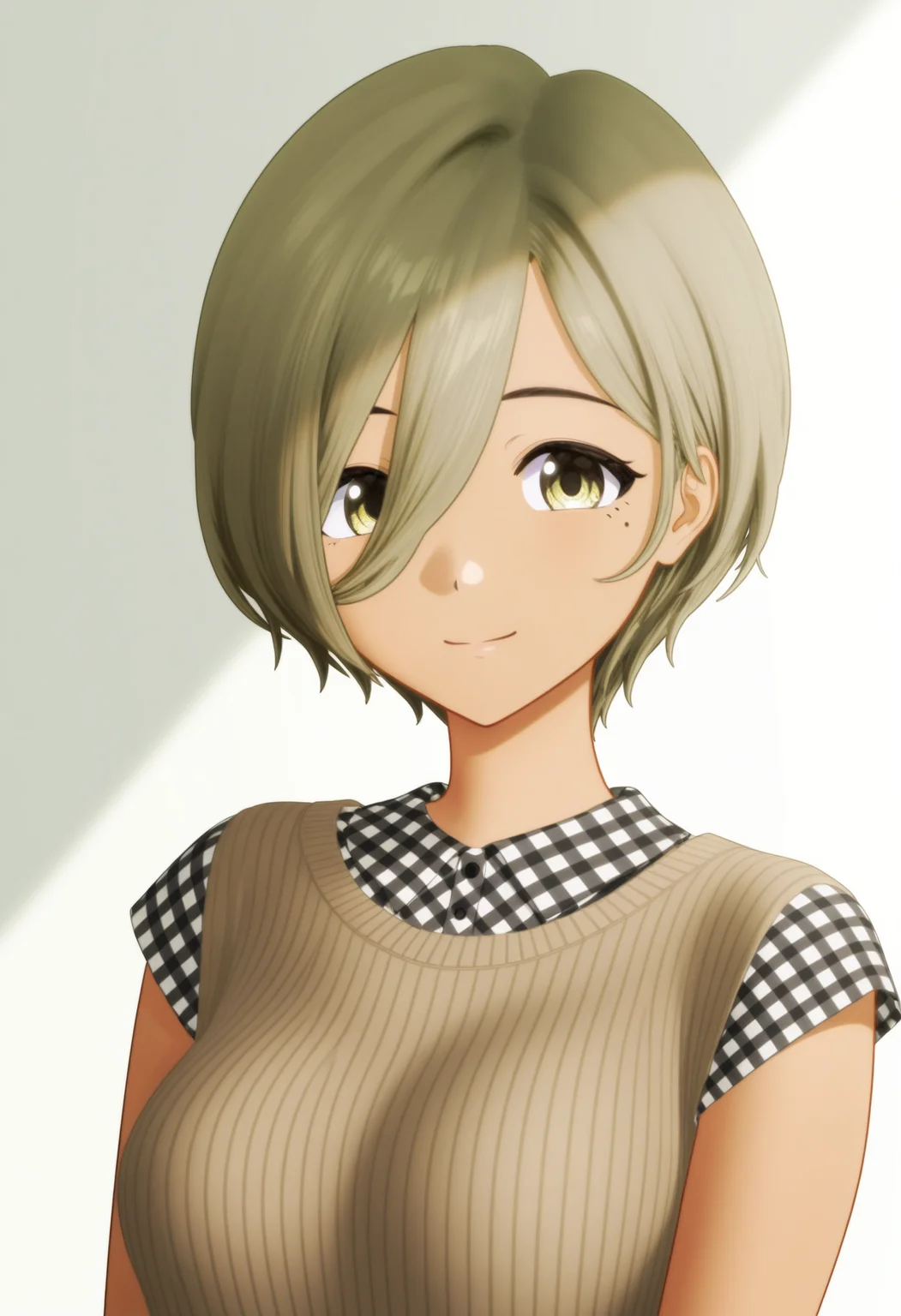 GBC_RUPA,1girl,solo,short hair,hair over one eye,mole under eye,mole,smile,looking at viewer,closed mouth,upper body,yellow eyes,plaid,hair between eyes,gray green hair,black and white spotted shirt,brown sweater,sleeveless sweater,<lora:GBC_RUPA_illustrious-000042:1>