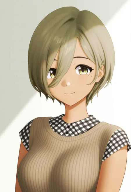 GBC_RUPA,1girl,solo,short hair,hair over one eye,mole under eye,mole,smile,looking at viewer,closed mouth,upper body,yellow eyes,plaid,hair between eyes,gray green hair,black and white spotted shirt,brown sweater,sleeveless sweater,<lora:GBC_RUPA_illustrious-000042:1>