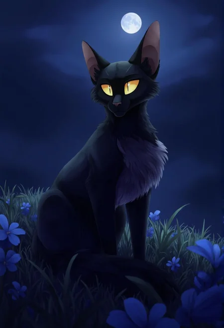 <lora:ck-LttleGhost-000011.safetensors:1> in the style of ck-lttlegh0stIn a digitally rendered twilight scene, a serene black kitten sits amidst delicate blue flowers and grass, its golden eyes shining with an ethereal light. Silky fur ripples in lunar glow, while whiskers twitch subtly as it gazes into the distance, exuding gentle wonder and tranquility.
