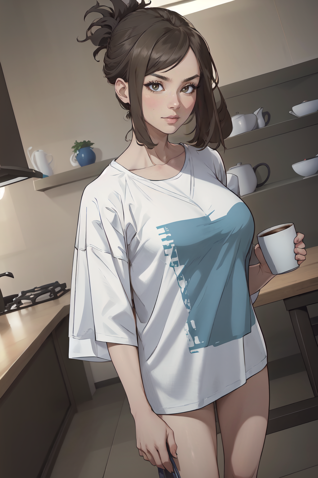 (masterpiece, best quality, absurdres, 4k, aesthetic, detailed, intricate),kitchen,coffee cup,1girl, kojima kana, folded ponytail,t-shirt, oversized clothes,oversized shirt  <lora:kojimakana-nvwls-v1:0.8> <lora:Oversized Clothes 2_400740:2>