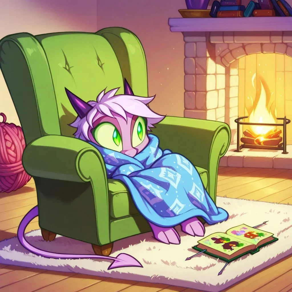 Dreamkeepers,1girl,Prelude_Namah,solo,demon tail, green eyes, horns,
child, kid,
knitting_needles, yarn_ball, blanket, armchair, fireplace, slippers, wool, pattern_book, A cozy evening by a crackling fireplace, someone curled up in an armchair, needles clicking as they knit rows of a soft blanket. Yarn roll slightly on the floor, a coffee mug steams on a side table, and a pattern book lies open nearby