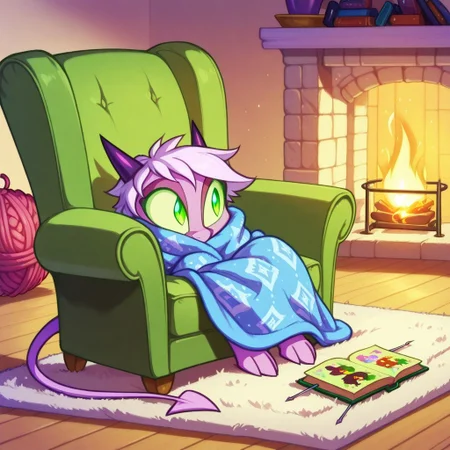 Dreamkeepers,1girl,Prelude_Namah,solo,demon tail, green eyes, horns,
child, kid,
knitting_needles, yarn_ball, blanket, armchair, fireplace, slippers, wool, pattern_book, A cozy evening by a crackling fireplace, someone curled up in an armchair, needles clicking as they knit rows of a soft blanket. Yarn roll slightly on the floor, a coffee mug steams on a side table, and a pattern book lies open nearby