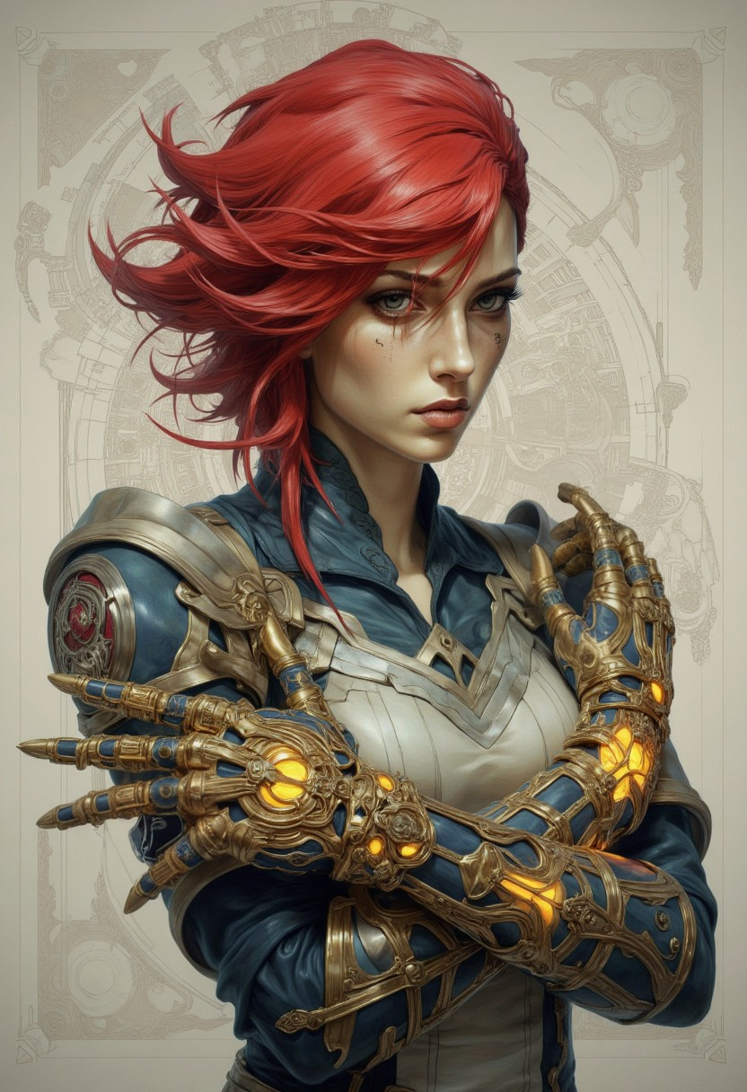 sureal and perfect ai art depicting complex beauty of ViA and her glowing gauntlets on the scale only ai can acheive., Portrait by Dorota Pietrowiak