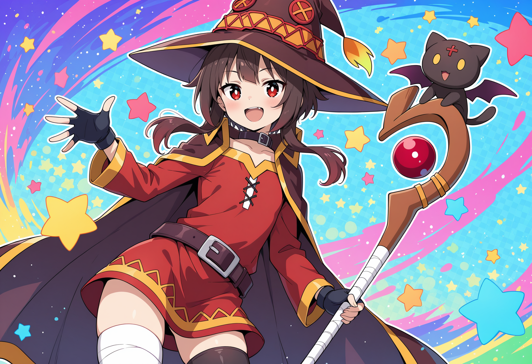 masterpiece,high quality,colorful,happy,bright pupils,abstract background,star \(symbol\),megumin,short hair,black hair,red eyes,side locks,long locks,thighhighs,gloves,hat,red dress,black gloves,belt,black thighhighs,fingerless gloves,cape,collar,witch hat,bandages,red dress,single thighhigh,asymmetrical legwear,bandaged leg,chomusuke,âââ,âââ,âââ