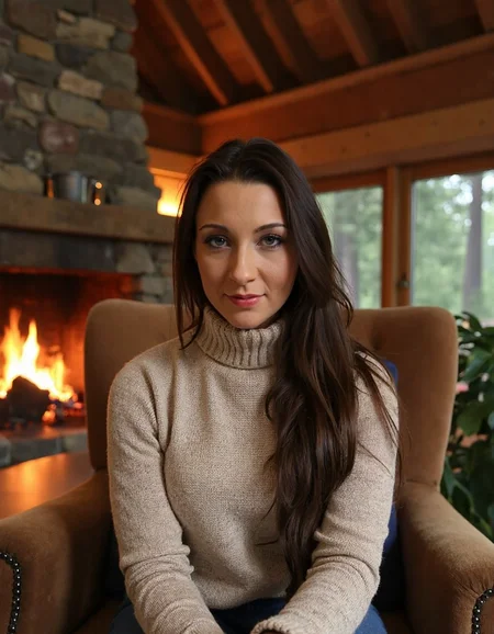 Subject: A woman sitting on a plush, oversized armchair in a cozy, rustic cabin surrounded by towering trees and a crackling fireplace.
Lighting: Warm, golden light from the fire casting a cozy ambiance.
Camera Angle: Eye-level shot, looking straight at the woman's face as she gazes out at the viewer.
Composition Style: Leading lines of the chair and surrounding decor converge to her eyes.
Clothing: High-necked, long-sleeved sweater in soft, earthy tones with a chunky knit pattern.