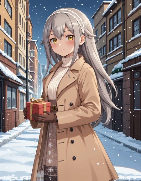 score_9, score_8_up, source_anime, 1girl, upper body, medium shot, detailed, mgrckurehayuna, grey hair, long hair, yellow eyes, white hairband, white sweater, orange winter overcoat, brown dress, brown belt, see-through skirt, brown gloves, black pantyhose, holding gift, blush, light smile, outdoors, city, street, winter, snow, snowfall, (side view:0.7), <lora:mgrckurehayuna_XL:1>