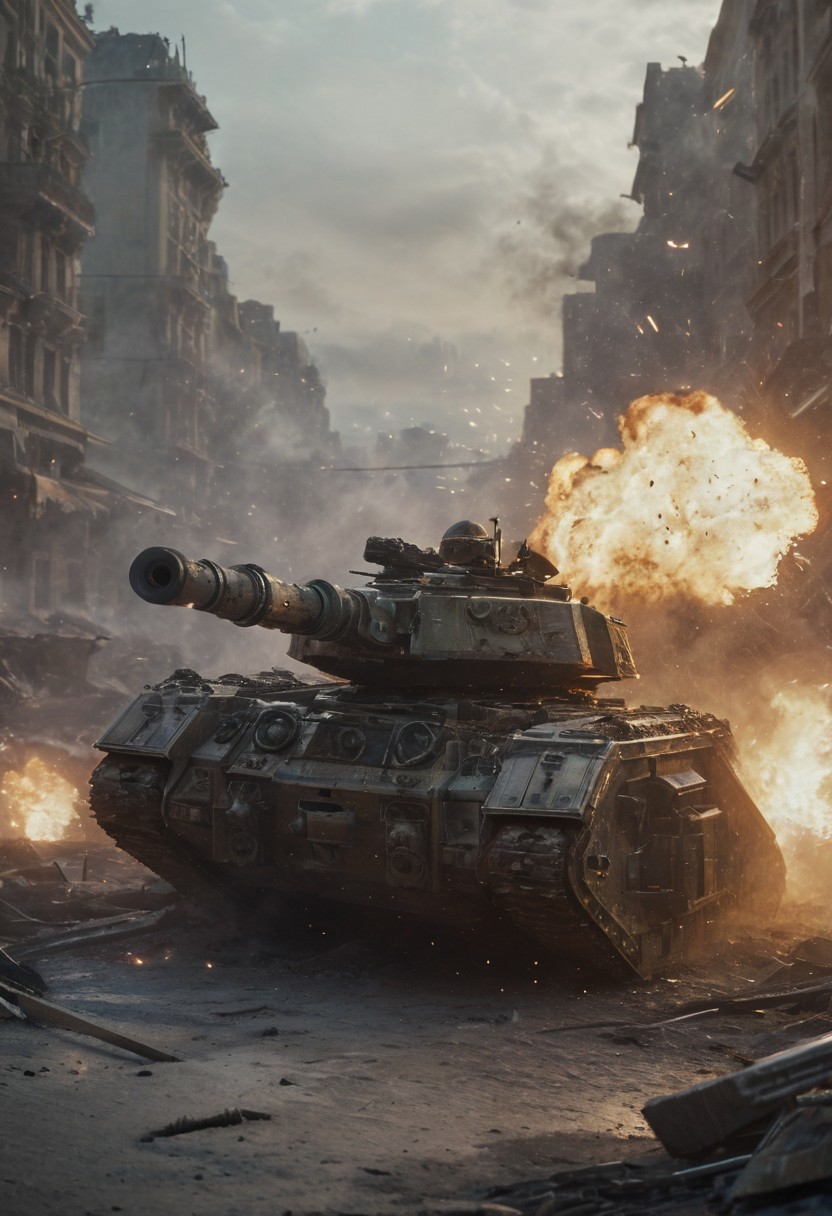 cyberpunk, Hyperdetailed, Omnipresent, Beautiful, , otherworldly,score_9, score_8_up, score_7_up, depth of field, detailed, solo, high resolution, 8kA visceral snapshot of a lmnrsstnk tank in the thick of combat, its armor scorched and dented from enemy fire. The tank pushes forward through a devastated cityscape, its main cannon blasting away obstacles and foes alike. Infantry soldiers rally around it, using the tank as a moving bastion against the onslaught. This moment captures the Leman Russ as the backbone of the Imperial Guard's might, Battlefield landscape background,volumetric cinematic lighting,highly detailed armor,, (masterpiece), (realistic), 8k, RAW photo, octane render, volumetrics, (film grain, bokeh), Battle background, weapons, fire, explosions,Dynamic Angles: Use dramatic camera angles,
