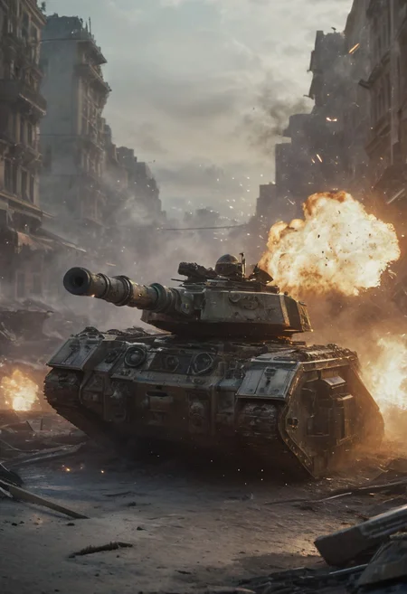 cyberpunk, Hyperdetailed, Omnipresent, Beautiful, , otherworldly,score_9, score_8_up, score_7_up, depth of field, detailed, solo, high resolution, 8kA visceral snapshot of a lmnrsstnk tank in the thick of combat, its armor scorched and dented from enemy fire. The tank pushes forward through a devastated cityscape, its main cannon blasting away obstacles and foes alike. Infantry soldiers rally around it, using the tank as a moving bastion against the onslaught. This moment captures the Leman Russ as the backbone of the Imperial Guard's might, Battlefield landscape background,volumetric cinematic lighting,highly detailed armor,, (masterpiece), (realistic), 8k, RAW photo, octane render, volumetrics, (film grain, bokeh), Battle background, weapons, fire, explosions,Dynamic Angles: Use dramatic camera angles,