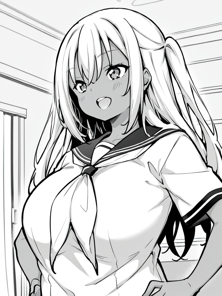 score_9, score_8_up, score_7_up,  
1girl, monochrome, mio ai, dark-skinned female, large breasts, long hair, two side up, white hair,

standing, upper body, hands on hips, smile, open mouth, 
school uniform, serafuku, short sleeves,  indoors, solo, living room,