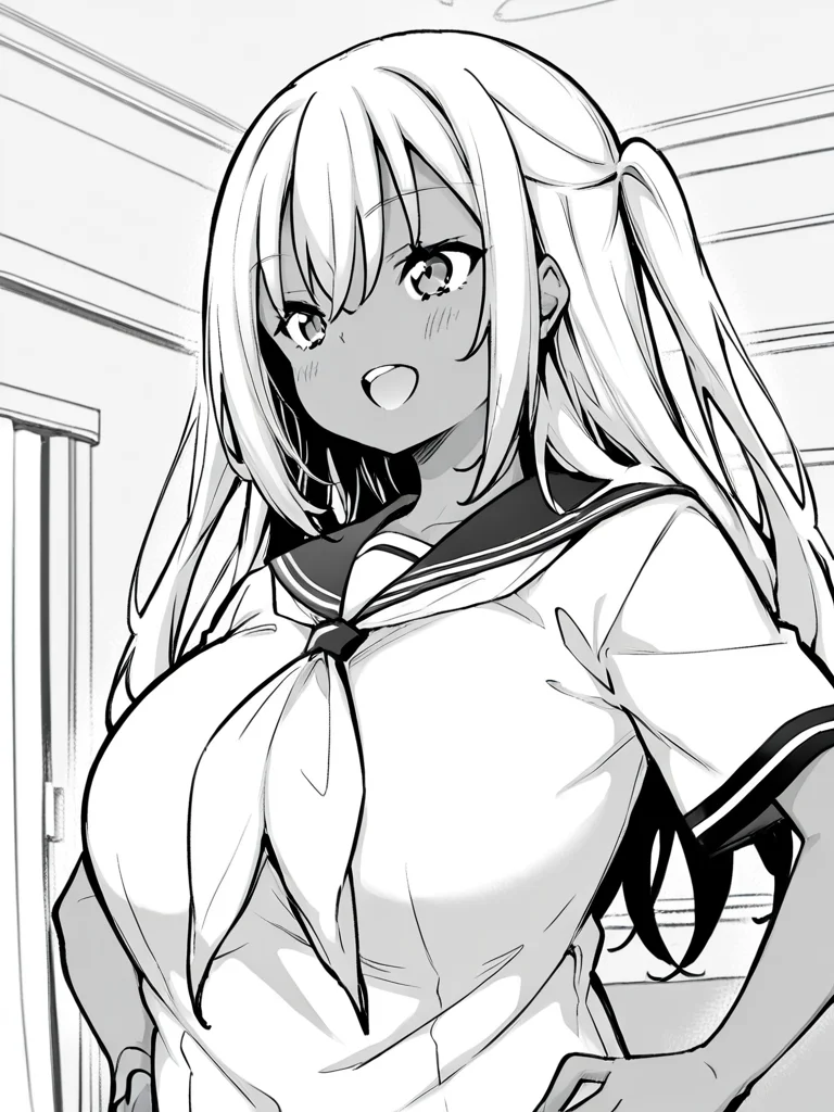 score_9, score_8_up, score_7_up,  
1girl, monochrome, mio ai, dark-skinned female, large breasts, long hair, two side up, white hair,

standing, upper body, hands on hips, smile, open mouth, 
school uniform, serafuku, short sleeves,  indoors, solo, living room,