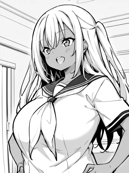 score_9, score_8_up, score_7_up,  
1girl, monochrome, mio ai, dark-skinned female, large breasts, long hair, two side up, white hair,

standing, upper body, hands on hips, smile, open mouth, 
school uniform, serafuku, short sleeves,  indoors, solo, living room,