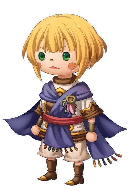 score_8, score_8_up, score_7_up, source_anime, BREAK 1girl, solo, theatrhythmstyle, chibi, white background, full body, Sheba_GS, blonde hair, bob cut, blunt bangs, side locks, short hair with long locks, green eyes, cape, brooch, tunic, short sleeves, sash, bracer, white shorts, shorts, knee boots, brown footwear