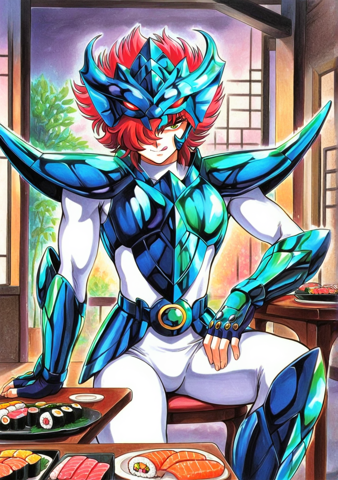 masterpiece,best quality,amazing quality, multfx, colorful, colored shading, hued shading, cyb88, traditional media, SSALBE, 1boy, solo, male focus, wavy hair, short hair, pink-red hair, hair over one eye, green eyes, megrez forehead protector (red eyes), megrez armor, teal pauldrons, teal breastplate, belt buckle, white bodysuit, teal fingerless gauntlets, indoors, sitting, table, sushi plates, (:q:1.3)