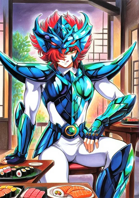masterpiece,best quality,amazing quality, multfx, colorful, colored shading, hued shading, cyb88, traditional media, SSALBE, 1boy, solo, male focus, wavy hair, short hair, pink-red hair, hair over one eye, green eyes, megrez forehead protector (red eyes), megrez armor, teal pauldrons, teal breastplate, belt buckle, white bodysuit, teal fingerless gauntlets, indoors, sitting, table, sushi plates, (:q:1.3)