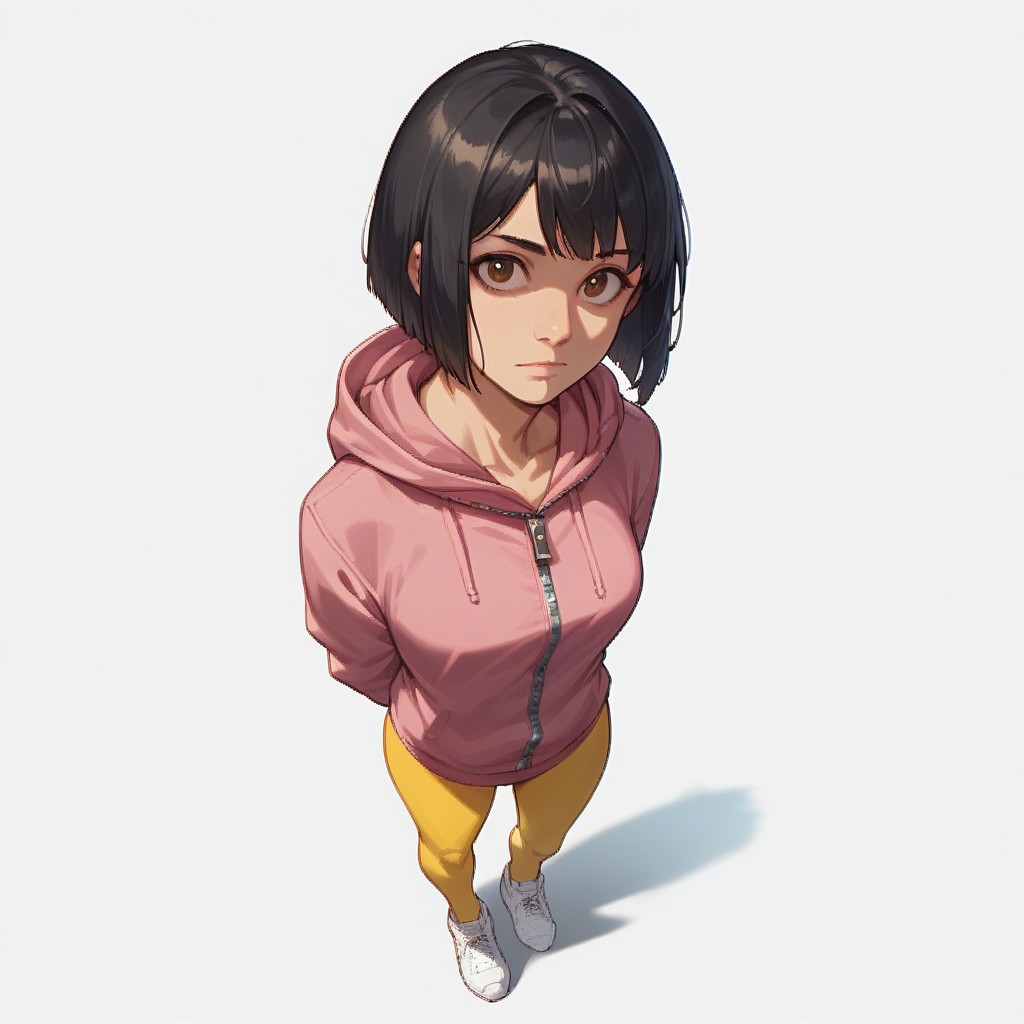 score_9, score_8_up, score_7_up, score_6_up, masterpiece, best quality, Sabr1nA, BREAK 1girl, solo, open eyes, brown eyes, medium breasts, black hair, bob haircut, short pink hoodie with hood and zipper, thin, yellow leggings, white sneakers, looking at the viewer, top view, high angle, hands behind back, full body, standing, simple background, white background, masterpiece, best quality
