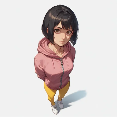 score_9, score_8_up, score_7_up, score_6_up, masterpiece, best quality, Sabr1nA, BREAK 1girl, solo, open eyes, brown eyes, medium breasts, black hair, bob haircut, short pink hoodie with hood and zipper, thin, yellow leggings, white sneakers, looking at the viewer, top view, high angle, hands behind back, full body, standing, simple background, white background, masterpiece, best quality