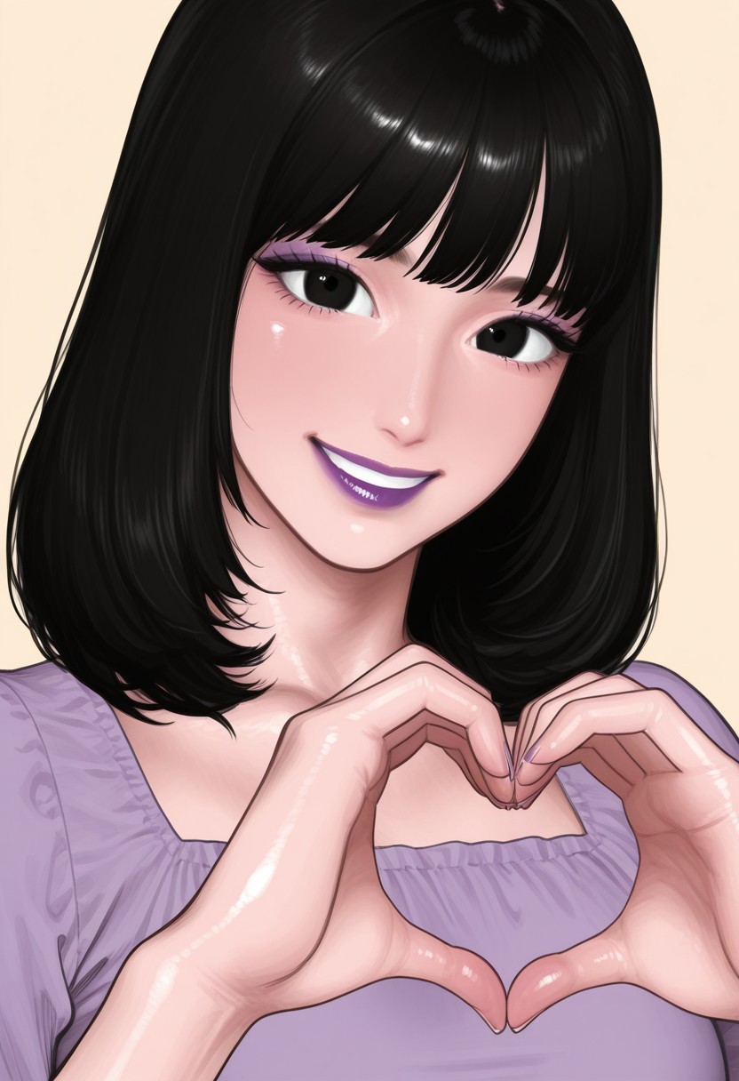 hspunch, ,  1girl, solo, medium build, medium hair, sfw, safe for work, covered skin, flowy dress,  black eyes, purple lipgloss, smiling, portrait, upper body, heart hands, foreshortening, detailed, newest,