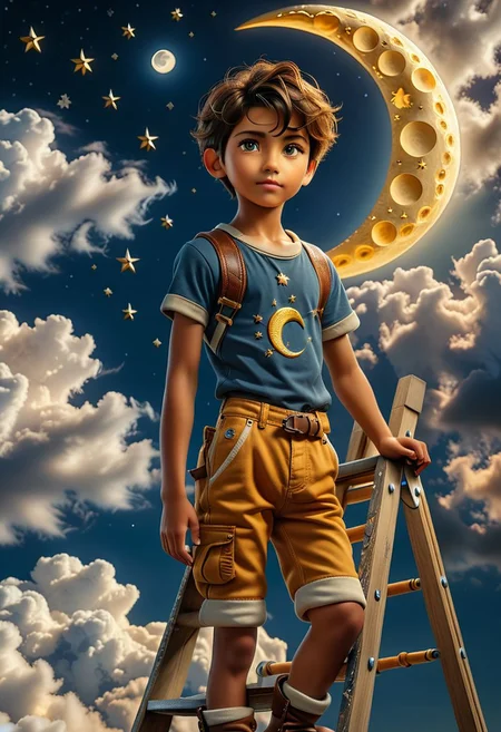 score_9, score_8_up, score_7_, photograph, analog style, real life, extremely beautiful, (highly detailed, intricately detailed), masterpiece, 8k, HDR, best quality, (highly detailed skin), (alluring eyes), (a boy standing on a ladder, cleaning a crescent moon, clouds and stars), dappled lighting, (backlighting:0.7), film grain, photographed on a Sony A7R IV, 18mm F/1.7 cine lens