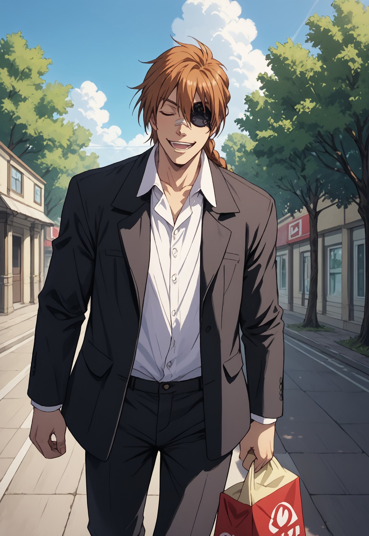 score_9, score_8_up, score_7_up, masterpiece, best quality, amazing quality, very aesthetic, absurdres, PipBernadotte, 1boy, solo, male focus, orange hair, braided ponytail, dark skin, closed eyes, black eyepatch, bandaid on nose, CasualPip, black jacket, open jacket, white collared shirt, black pants, outdoors, walking, holding paper bag, smirk, open mouth, teeth, ^ ^, day, cloudy sky, tree, perspective, feet out of frame,