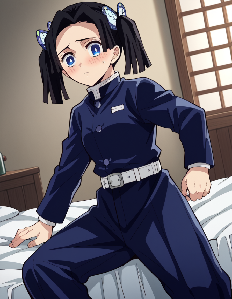 score_9, score_8_up, score_7_up, source_anime,
aoikanzaki, <lora:aoi-kanzaki-anime-ponyxl-lora-nochekaiser:1>,
aoi kanzaki, blue eyes, black hair, hair ornament, twintails, butterfly hair ornament,
long sleeves, belt, pants, blue jacket, white belt, demon slayer uniform, blue pants,
indoors, bed, bed room, on side, blush, drunk,
solo, looking at viewer, cowboy shot, dutch angle,